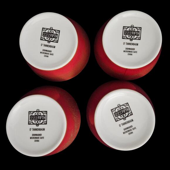 222 Fifth O’ Tannenbaum Red & Gold 4" Bowl Set of 4 Holiday China - Picture 5 of 6